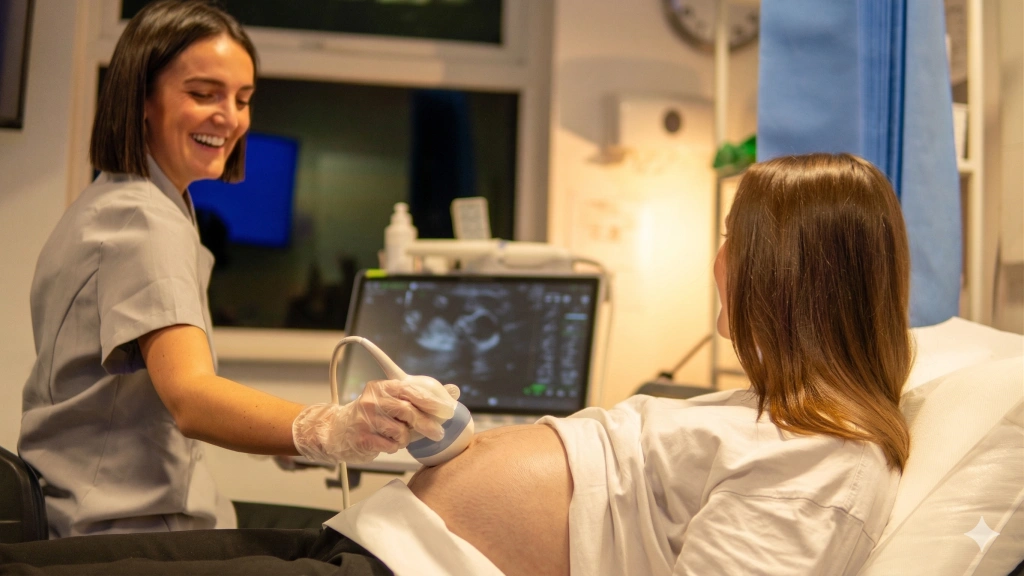 Window To The Womb sonographer carrying out an ultrasound scan on a pregnant woman