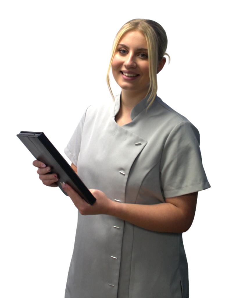 Female Window To The Womb receptionist holding a tablet device